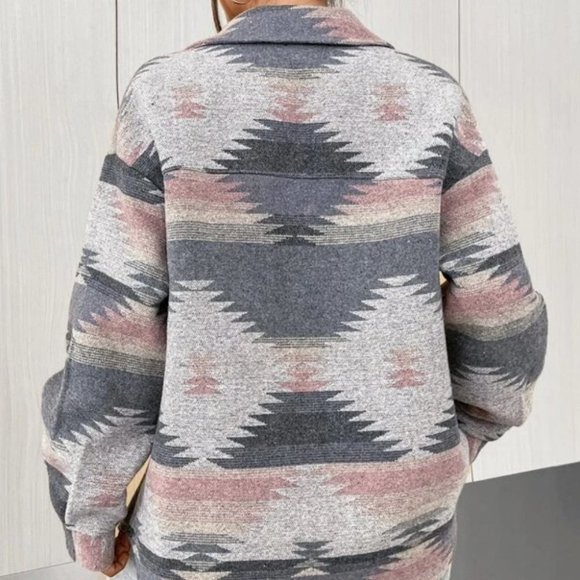 Geo Aztec Print Flap Pocket Overcoat Shacket jacket Casual Western - Picture 3 of 7